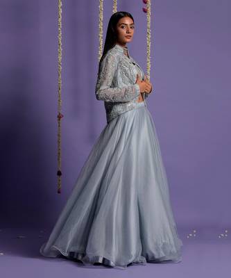 Ice Blue Lehenga With Embroidered Crop Top And Jacket 4