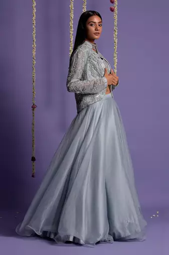 Ice Blue Lehenga With Embroidered Crop Top And Jacket