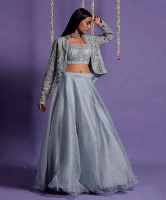 Ice Blue Lehenga With Embroidered Crop Top And Jacket 1