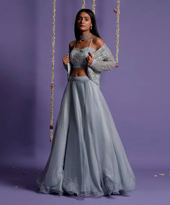 Ice Blue Lehenga With Embroidered Crop Top And Jacket 5