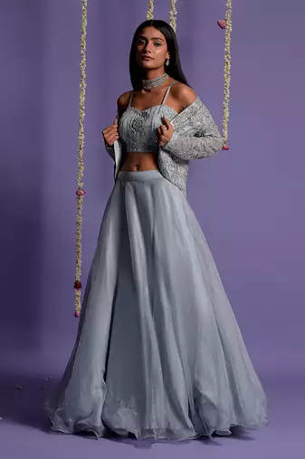 Ice Blue Lehenga With Embroidered Crop Top And Jacket