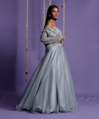 Ice Blue Lehenga With Embroidered Crop Top And Jacket 6