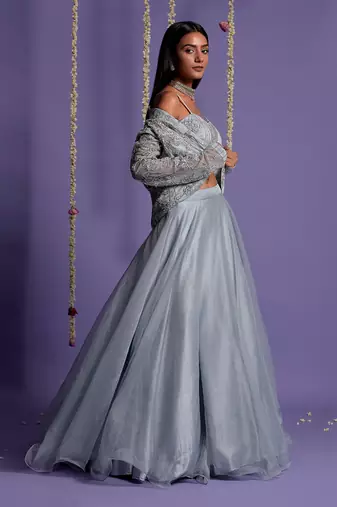 Ice Blue Lehenga With Embroidered Crop Top And Jacket