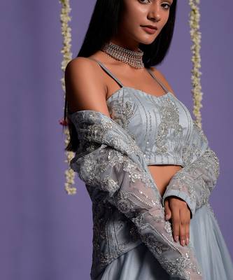 Ice Blue Lehenga With Embroidered Crop Top And Jacket 8