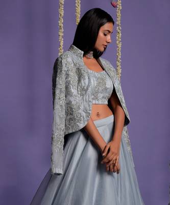 Ice Blue Lehenga With Embroidered Crop Top And Jacket 9