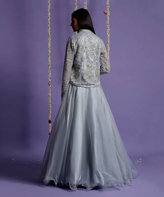 Ice Blue Lehenga With Embroidered Crop Top And Jacket 10