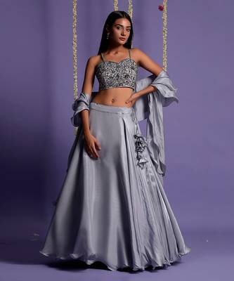 Ash Grey Satin Lehenga With Embroidered Crop Top And Dupatta 1