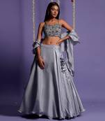 Ash Grey Satin Lehenga With Embroidered Crop Top And Dupatta