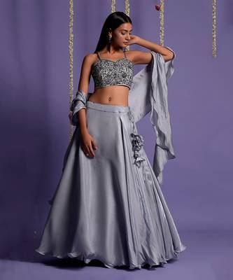 Ash Grey Satin Lehenga With Embroidered Crop Top And Dupatta 2