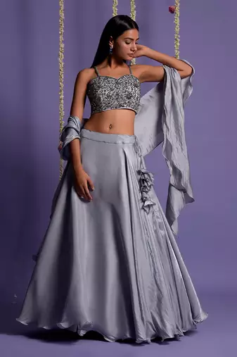 Ash Grey Satin Lehenga With Embroidered Crop Top And Dupatta