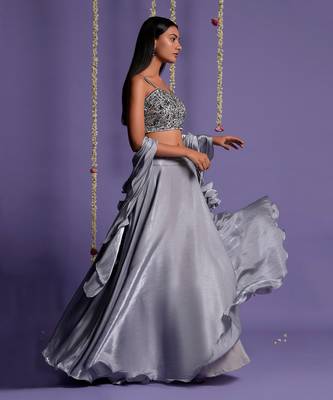 Ash Grey Satin Lehenga With Embroidered Crop Top And Dupatta 3