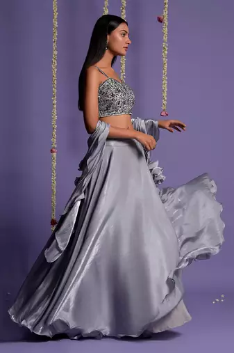 Ash Grey Satin Lehenga With Embroidered Crop Top And Dupatta