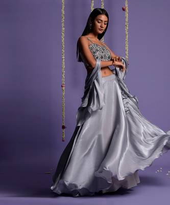 Ash Grey Satin Lehenga With Embroidered Crop Top And Dupatta 4
