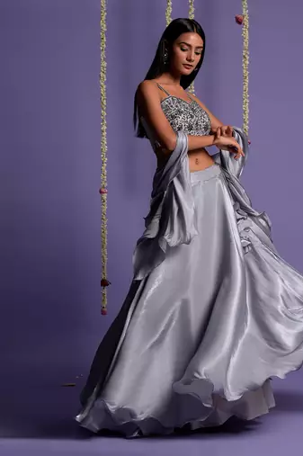 Ash Grey Satin Lehenga With Embroidered Crop Top And Dupatta