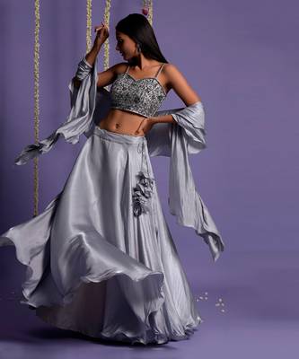 Ash Grey Satin Lehenga With Embroidered Crop Top And Dupatta 5