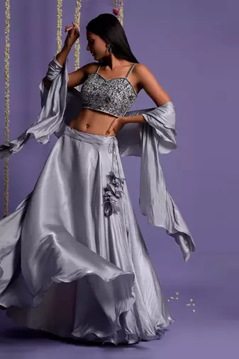 Ash Grey Satin Lehenga With Embroidered Crop Top And Dupatta
