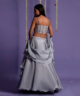 Ash Grey Satin Lehenga With Embroidered Crop Top And Dupatta 7