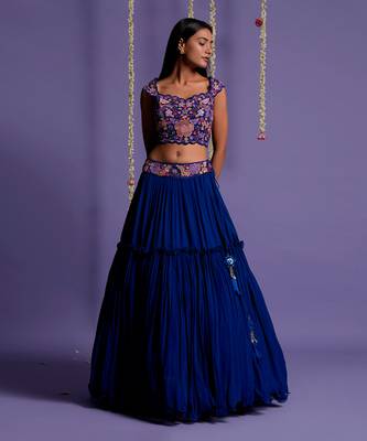Electric Blue Lehenga With Embroidered Waistband And Crop Top 2