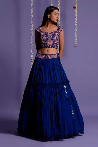 Electric Blue Lehenga With Embroidered Waistband And Crop Top