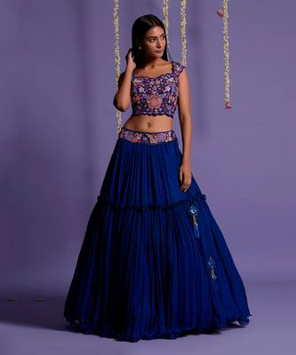Electric Blue Lehenga With Embroidered Waistband And Crop Top 3