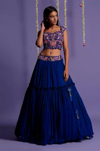 Electric Blue Lehenga With Embroidered Waistband And Crop Top