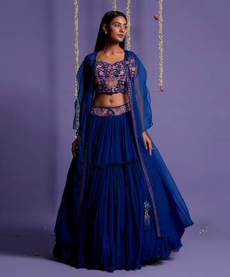 Electric Blue Lehenga With Embroidered Waistband And Crop Top 1