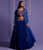 Electric Blue Lehenga With Embroidered Waistband And Crop Top