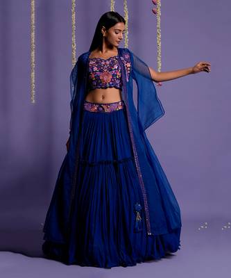 Electric Blue Lehenga With Embroidered Waistband And Crop Top 4