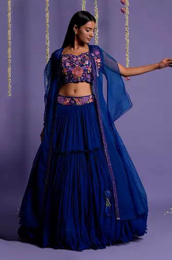 Electric Blue Lehenga With Embroidered Waistband And Crop Top