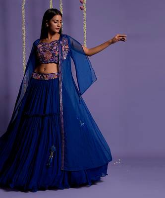 Electric Blue Lehenga With Embroidered Waistband And Crop Top 5