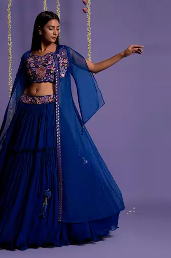 Electric Blue Lehenga With Embroidered Waistband And Crop Top