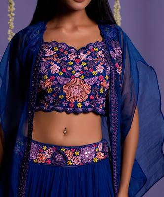 Electric Blue Lehenga With Embroidered Waistband And Crop Top 6