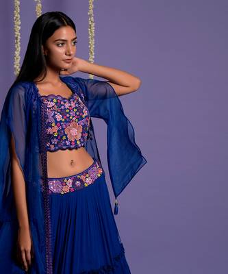 Electric Blue Lehenga With Embroidered Waistband And Crop Top 7