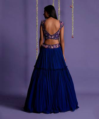 Electric Blue Lehenga With Embroidered Waistband And Crop Top 8