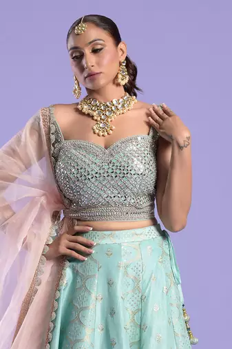 Mint Green Lehenga Set Zari And Mirror Work
