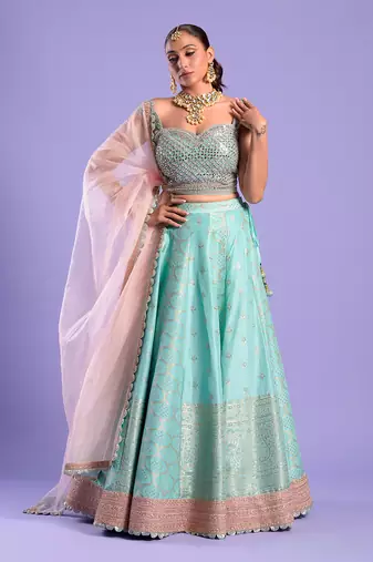 Mint Green Lehenga Set Zari And Mirror Work