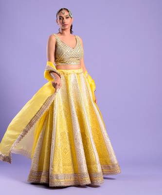 Yellow And Ivory Lehenga Set Mirror And Zari Work 2