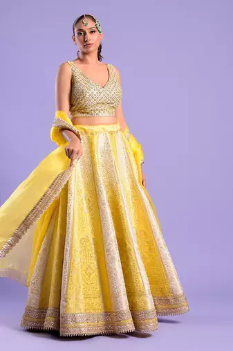Yellow And Ivory Lehenga Set Mirror And Zari Work