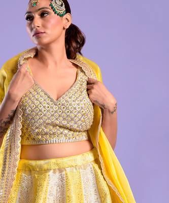 Yellow And Ivory Lehenga Set Mirror And Zari Work 3