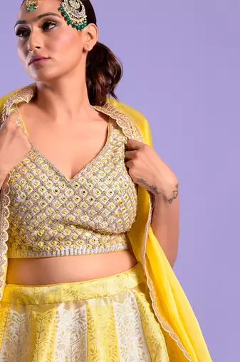 Yellow And Ivory Lehenga Set Mirror And Zari Work