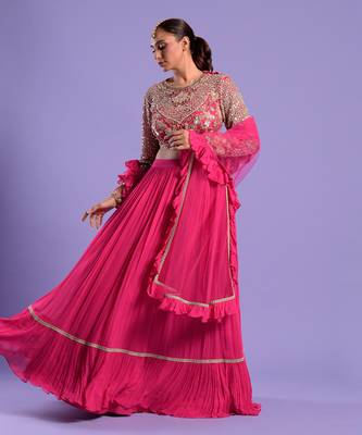 Fuchisa Pink Lehenga Set Sequence And Zari Work 2