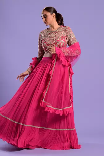 Fuchisa Pink Lehenga Set Sequence And Zari Work