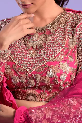 Fuchisa Pink Lehenga Set Sequence And Zari Work