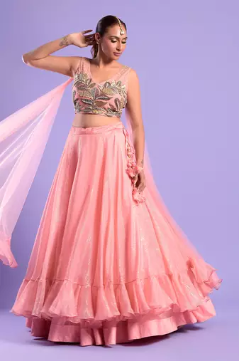 Pink Silk Embroidered Lehenga Choli