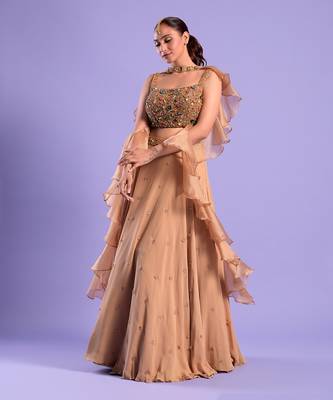 Beige Gold Lehenga Set With Stones And Sequence Work 1