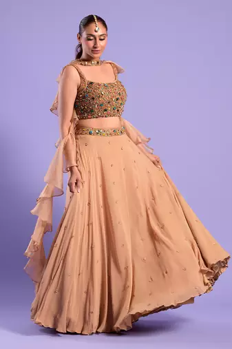 Beige Gold Lehenga Set With Stones And Sequence Work