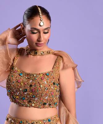 Beige Gold Lehenga Set With Stones And Sequence Work 3