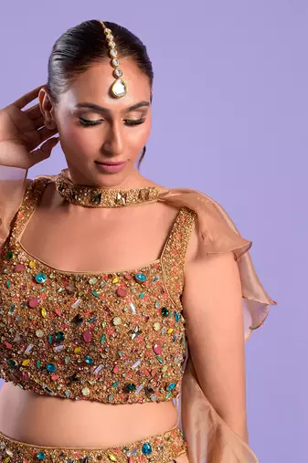 Beige Gold Lehenga Set With Stones And Sequence Work