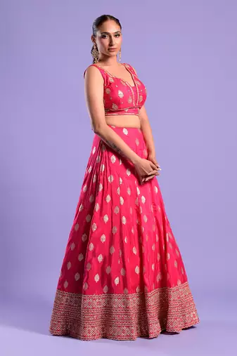 Fuchisa Pink Lehenga Set Zari Work