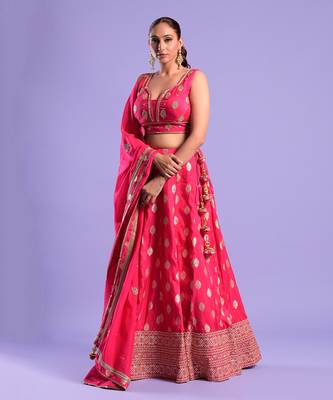 Fuchisa Pink Lehenga Set Zari Work 1